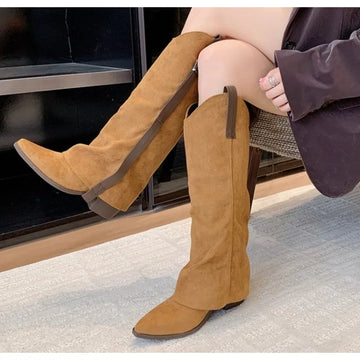 Xajzpa New Style Fashion Winter Street Style Pointed Toe Knee-High Boots Women Low Heels Shoes Female Long Booties Zapatos De Mujer